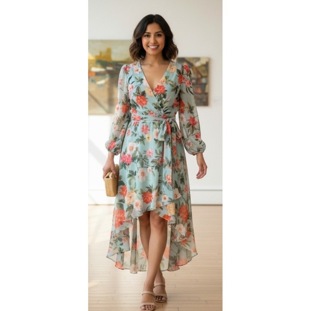 Eliza J Dress Watercolor Floral High/Low Faux Wrap Chiffon Wedding Womens 4